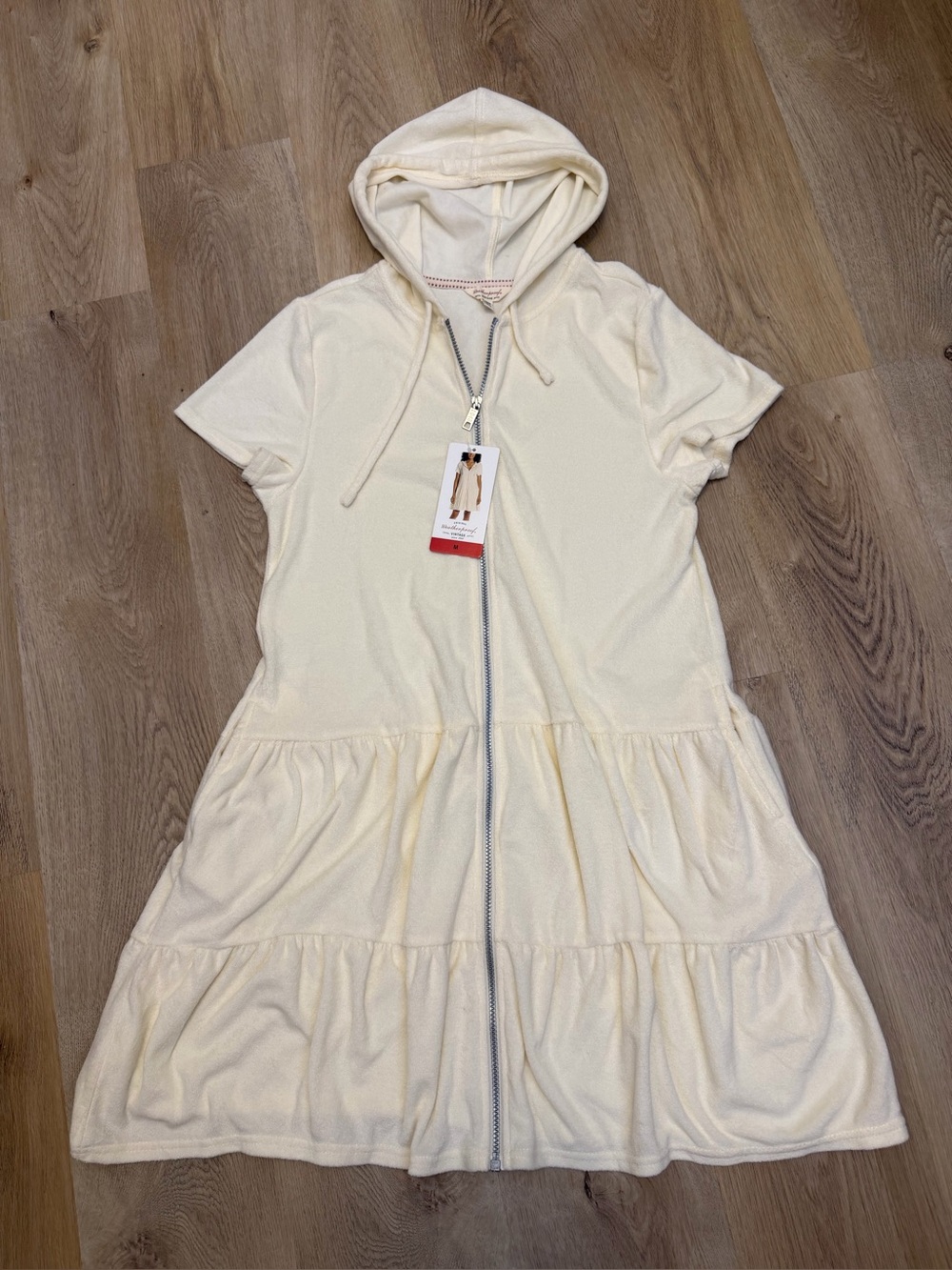 NWT Weatherproof Cream Hooded Zip Front Tiered Swimsuit Coverup Dress